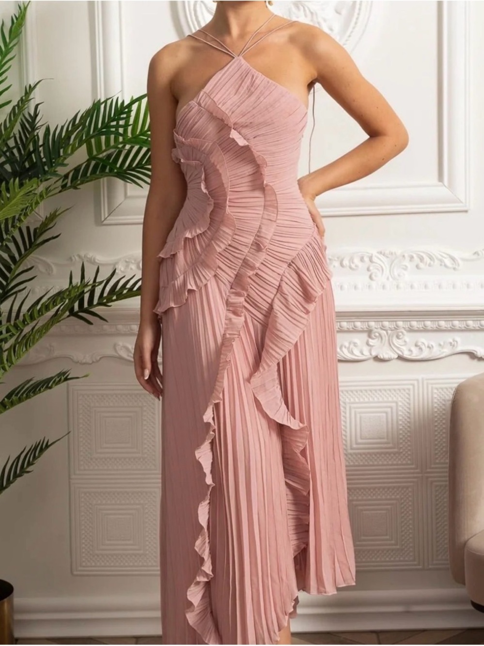 PLEATED HALTER MIDI DRESS WITH CASCADING RUFFLE DETAILS - PINK